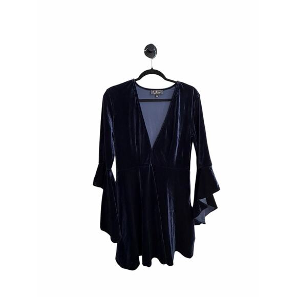 Lulus Navy Blue Velvet Bell Sleeve Skater Dress Small Deep V Cocktail Party - Picture 9 of 12